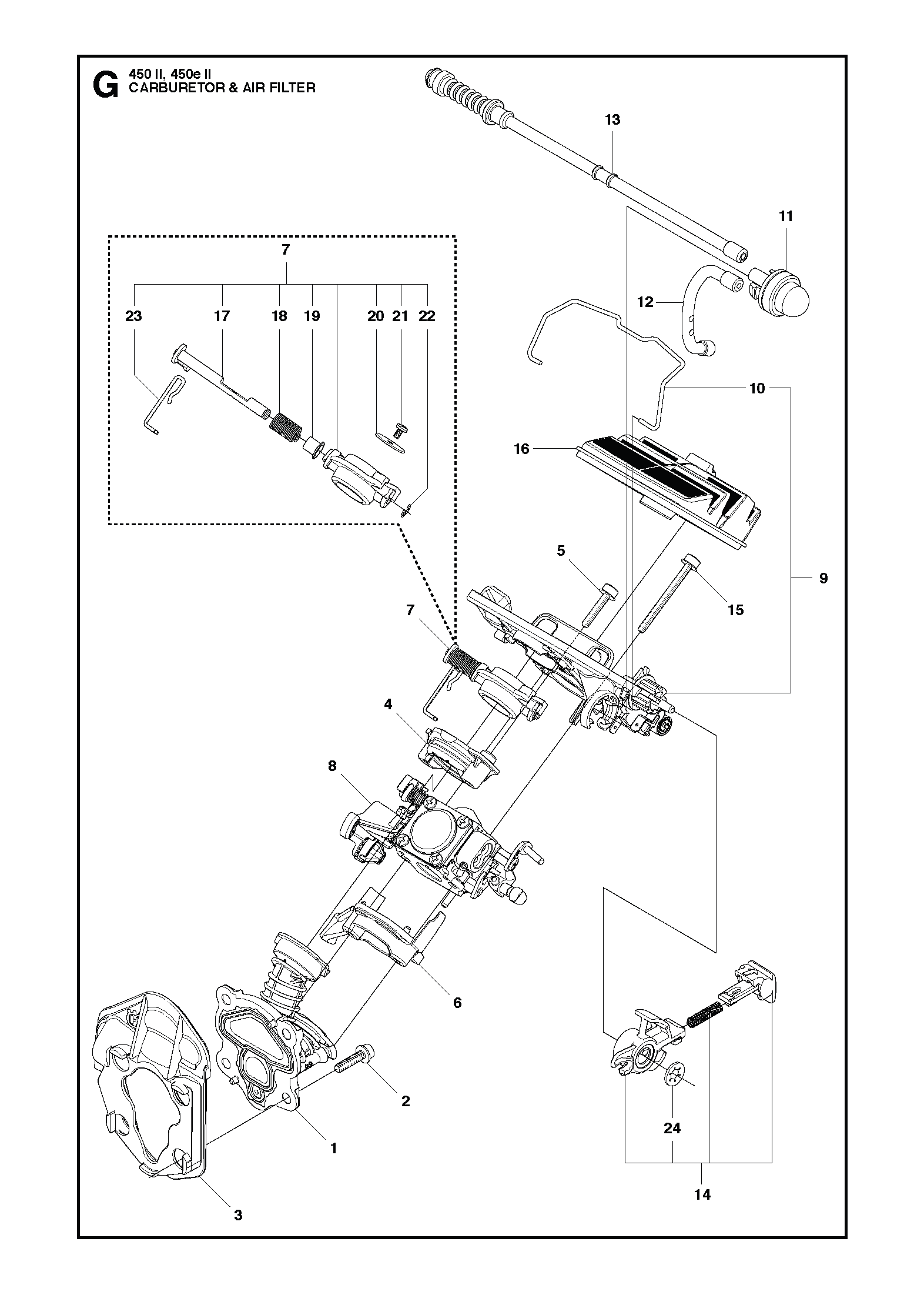 Gaźnik i filtr powietrza pilarki Husqvarna 450 II