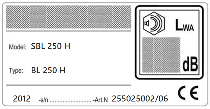 SBL 250 H tabliczka znamionowa