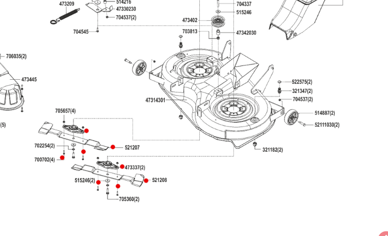 Oryginalne noże z uchwytami i śrubami traktorka AL-KO T15 / T16 / T18 - 102 cm